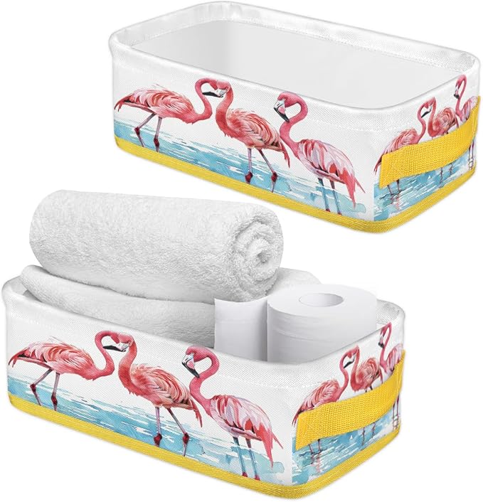 Pink Flamingo Light Blue Bathroom Storage Basket, Foldable with Handle Open Countertop Paper Towel Decorative Box, Toilet Tank Top Shelf Baskets for Home Closet Bedroom Living Room Office