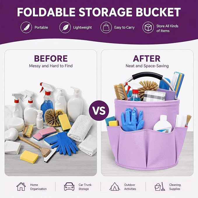 Cleaning Caddy with Handle, 17L Foldable Storage Basket, Heavy Duty 600D Oxford Cloth Organizer, Portable Supply Bag, Multi-Purpose Supplies Caddy for Home, Bathroom, Kitchen, Garden - Purple