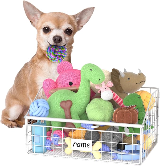 Kaiferty Indestructible Dog Toy basket, Small Toy Box for Dogs, Pet Toy Bin Dog Metal Basket for Toys, Dog Toy Storage, Dog Storage Organizer, Cat Dog Toy Box for Living Room Area (White)