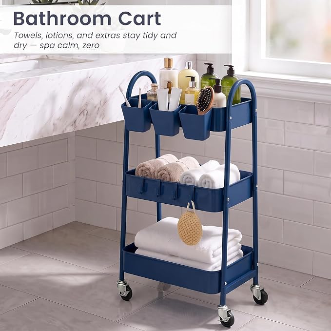 danpinera 3-Tier Rolling Cart, Utility Cart Mobile Metal Rolling Storage Cart with Lockable Wheels & Hanging Cups & Hooks for Kitchen, Bathroom, Office, Workshop, Dark Blue