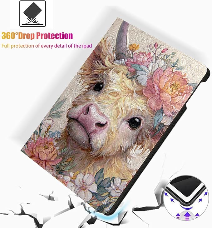 for Microsoft Surface Pro X/Pro X Plus-13 2019/2020/2021/2024 Tablet Case,Auto Wake/Sleep,Adjustable Stand Protective Cover - Cartoon Cow Flower