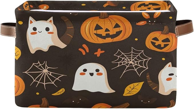 Kigai Storage Basket, Fabric Collapsible Closet Organizer Bin | Halloween Boo Pumpkins Waterproof Foldable Canvas Basket with Handles for Shelves, Nursery, Closet, Bedroom & Bathroom