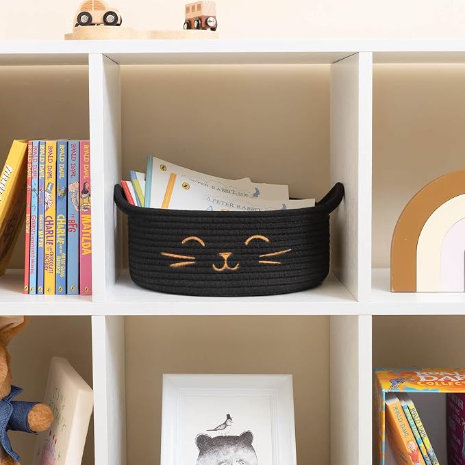 Small Woven Rope Cat Toy Basket with Cat Face Design, Black | 9.8" x 4" Cute Cat Toy Bin & Box for Living Room & Nursery, Boho Gift Basket Empty with Sturdy Handles, Cozy Cats Bed