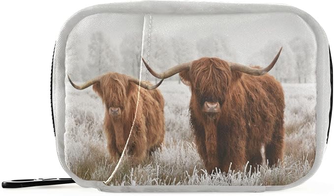 Highland Cow Travel Pill Case Portable Weekly Pill Box Bag Container 7 Days Pill Organizer Vitamin Supplement Holder with Zipper for Family Business