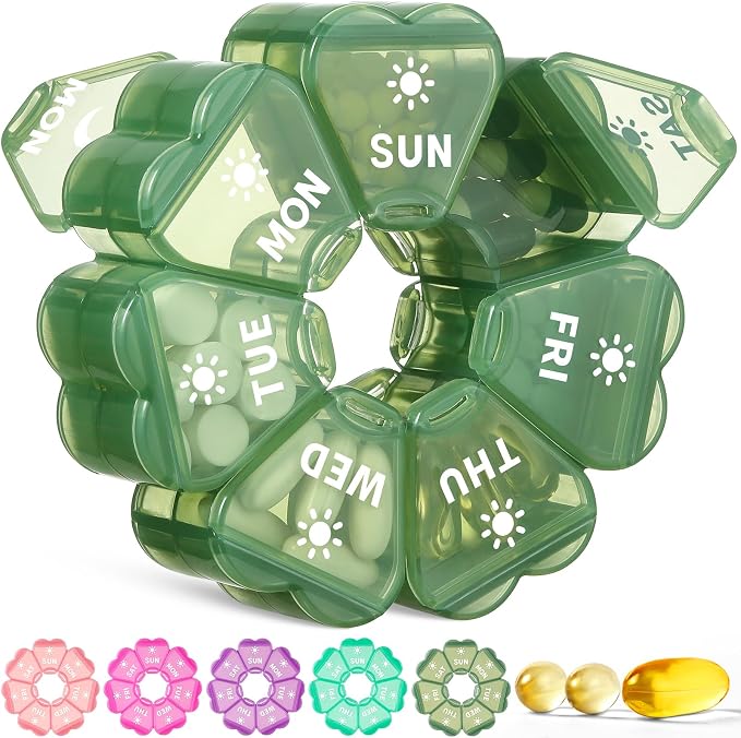 LANDNEOO Weekly Pill Organizer 2 Times a Day, Cute Double-Sided AM PM Pill Case 7 Day, Green Travel Pill Box for Medication, Vitamins, Fish Oils, Supplements - Green