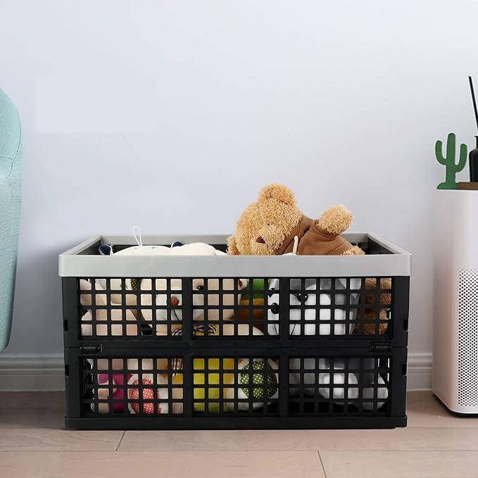 Vababa 42 L Stackable Collapsible Storage Crate, 3-Pack Storage Basket | Plastic Material, Collapsible Design, Stackable for Storage, Large Capacity, Ideal For Grocery, Warehouse, Garage Storage