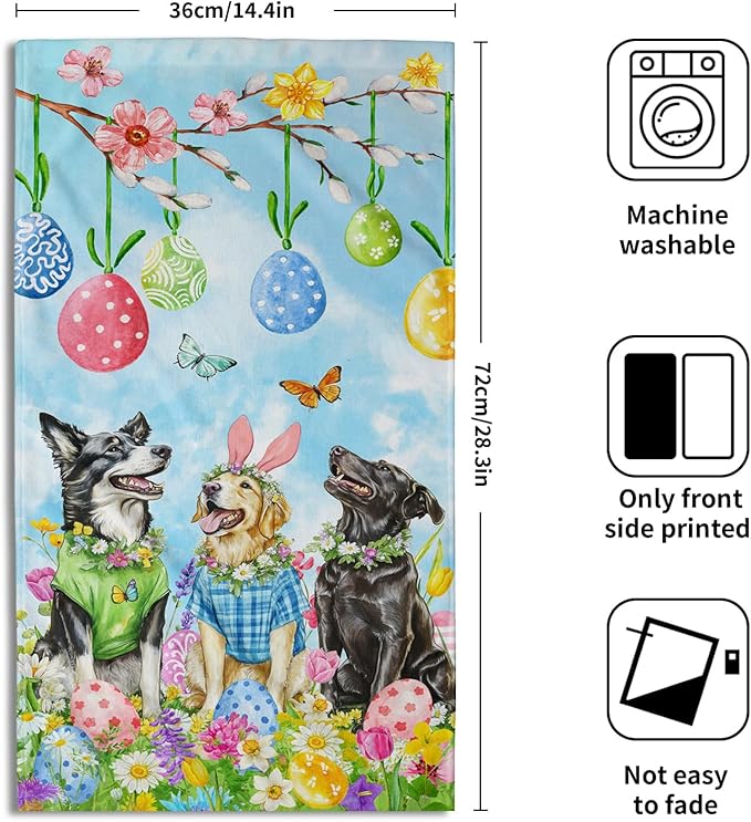 Giwawa Easter Dog Hand Towel Set of 2 Colorful Eggs Hunt Towel Spring Floral Funny Puppy Quick Drying Soft Dish Wash Tea Bar Cloth Decoration for Hotel Bathroom Gym Home