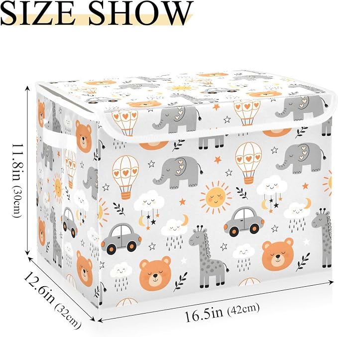 Storage Bins with Lid Giraffe Bear Foldable Storage Boxes 40L Baskets | Decorative Storage Boxes, 300D Oxford Cloth, Hollow Board Frame, Flip Top Velcro Lid, 16.5x12.6x11.8 inch, Collapsible Design