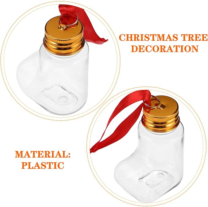 14pcs 50ml Pet Candy Bottles with Aluminum Caps and Red Hanging Strings – Sock-shaped Christmas Ornament Containers for DIY Holiday Tree Decorations and Candy Storage
