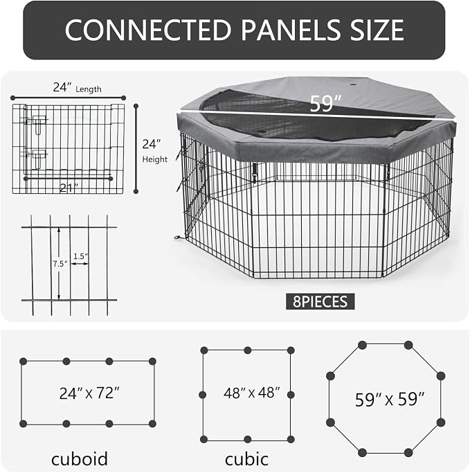 PETIME Foldable Metal Dog Exercise Pen/Pet Puppy Playpen Kennels Yard Fence Indoor/Outdoor 8 Panel 24" W x 24" H with Top Cover (with top Cover, 8 Panels 24" H)