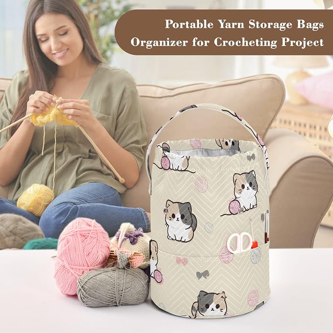 Tatenale Crochet Bag Yarn Bag Knitting Project Bag with Pockets and Handle Portable Yarn Storage Organizer Tangle Free 8.3x11 Inch Cats Cute