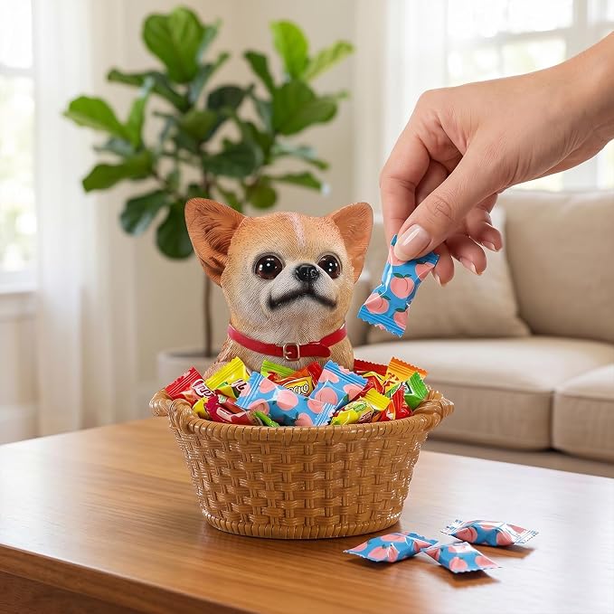 Cute Chihuahua Candy Bowl, Resin Dog Figurine Key Bowl for Entryway Table, Desktop Storage Basket Organizer for Desk, Unique Dog Lover Gift