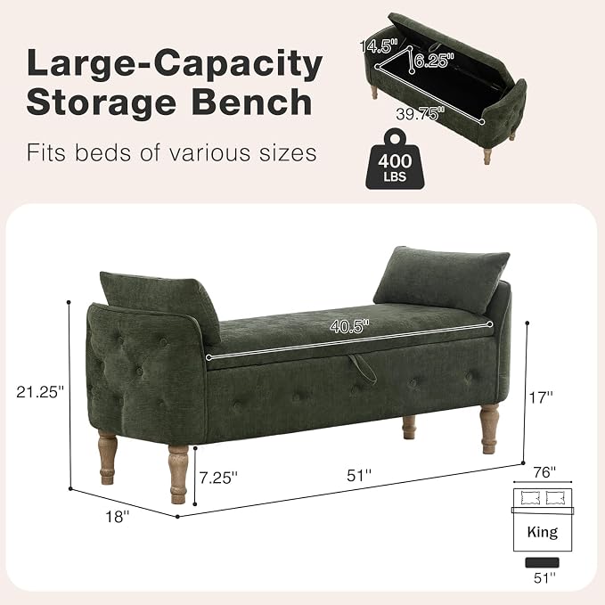 End of Bed Storage Bench King Size,51" Upholstered Bedroom Bench,Green | Linen Storage Bench for Bedroom End of Bed ,2 Cushion, Vintage Wood Legs ,Tufted,Storage Ottoman Bench for Entryway Window