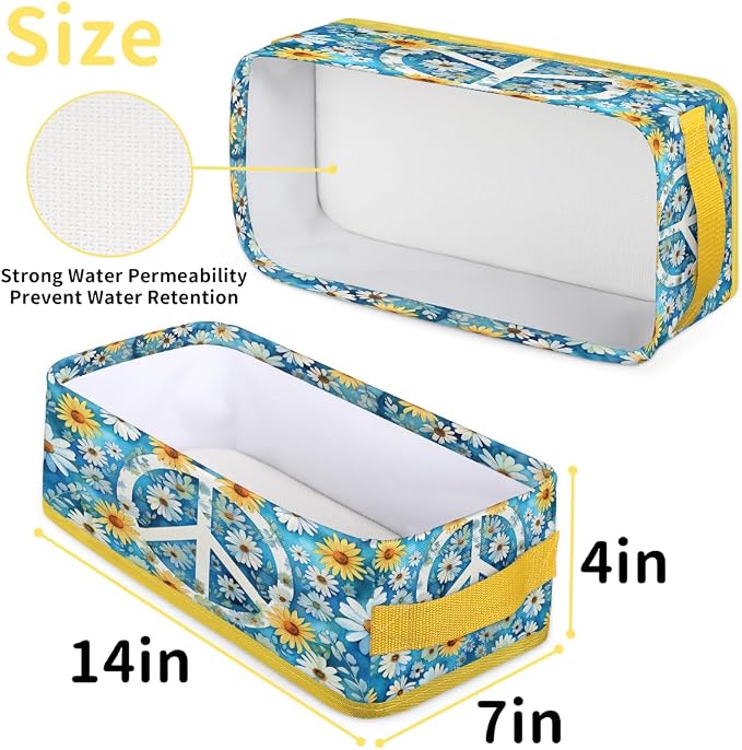 Peace Sign Daisy Bathroom Storage Basket, Foldable with Handle Open Countertop Paper Towel Decorative Box, Toilet Tank Top Shelf Baskets for Home Closet Bedroom Living Room Office