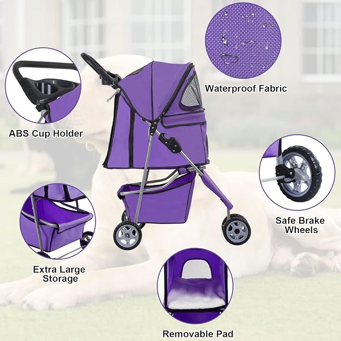 BLKMTY Dog Stroller, Folding Dog Stroller for Medium Dogs Cats, 3 Wheels Pet Cat Strollers Travel Carrier Strolling Cart for Puppy Jogger Strollers with Cup Holder & Storage Basket, Purple