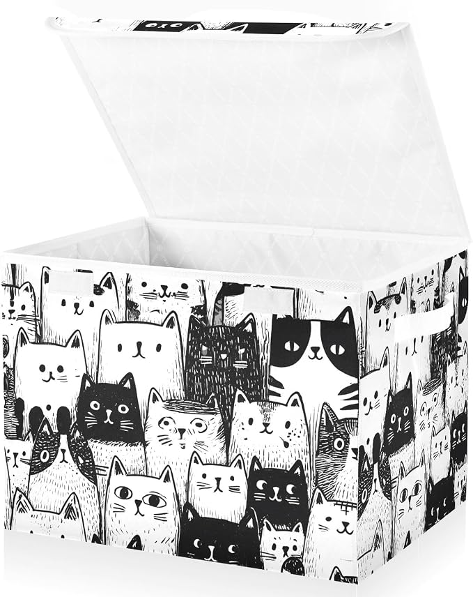 Cute Cat Pattern Storage Bins with Lids Closet Bedroom 40L Storage Basket | Decorative Storage Boxes, Foldable & Stackable, Dust-Proof Flip Top, Reinforced Handles, For Home & Dorm, Clothes & Toy Box