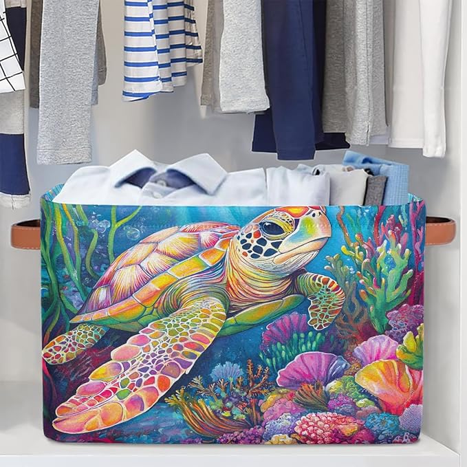 Pardick Colorful Sea Turtle Basket Storage Bins Large Fabric Toys Storage Cube Box with Handles Collapsible Closet Shelf Cloth Organizer Basket for Nursery Bedroom Bathroom Holiday Gift