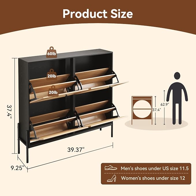 Rattan Shoe Cabinet Storage,Narrow Shoe Rack for Entryway with 4 Flip Drawers, Freestanding Wooden Shoe Organizer Cabinet with Metal Legs for Hallway (Black + Natural, 4 Flip Drawers)
