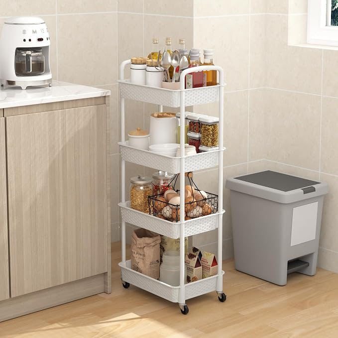 MOYIPIN 4-Tier Plastic Rolling Utility Cart with Handle,White | Utility Storage Cart for Office, Living Room, Kitchen,Movable Storage Organizer，Easy installation，Rattan-like art design