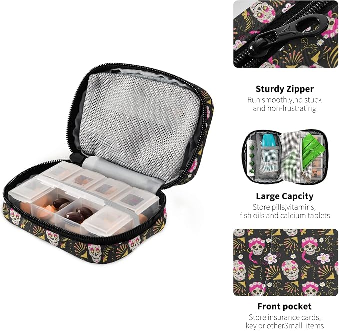 Paisley Flower Sugar Skull Pill Box 7 Day Pill Case Travel Pill Organizer Bag with Zipper Portable Weekly Case Compact Size for Vitamin Supplement Holder