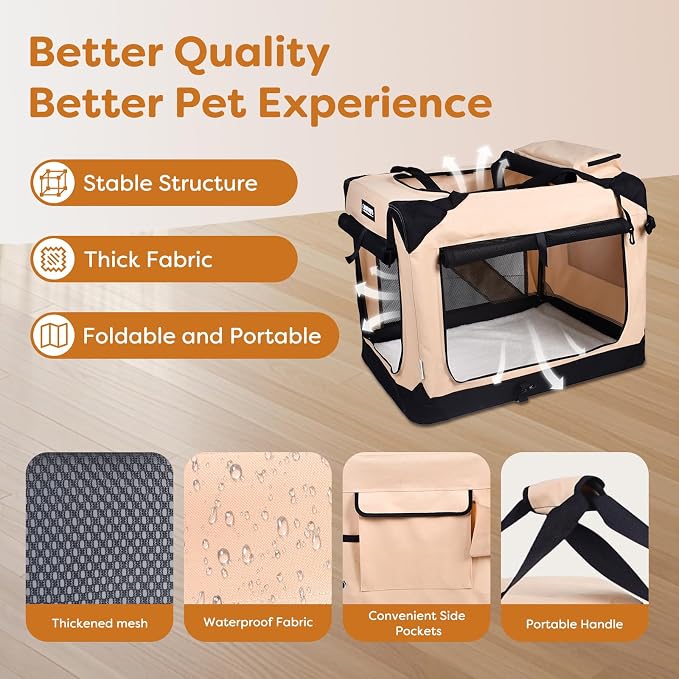 Jespet 3 Door Soft Dog Crates Kennel for Pets, Folding Travel Pet Carrier | 3 Mesh Doors 36'' Dog House, Large Pocket, Easy to Install, Steel Frame, Removable Crate Pad, For Indoor & Outdoor