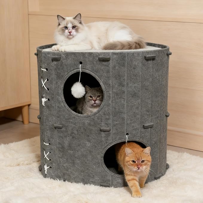Cat House for Indoor Cats - 2-Storey Foldable Cat Bed Cave with Scratch-Resistant Felt Cats Tunnel Bed Condo & Hanging Fluffy Ball | Cozy Spacious Hideaway for Multi-Cats| Durable & Easy to Store,Gray