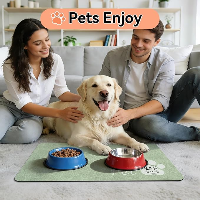 Dog Cat Feeding Mat-Absorbent Pet Bowl Mat for Food and Water, Quick Dry Water Dispenser Mat for Floors with Waterproof Rubber Backing, Puppy Cat Placemat Mats for Messy Drinkers,12"x20",Sage Green