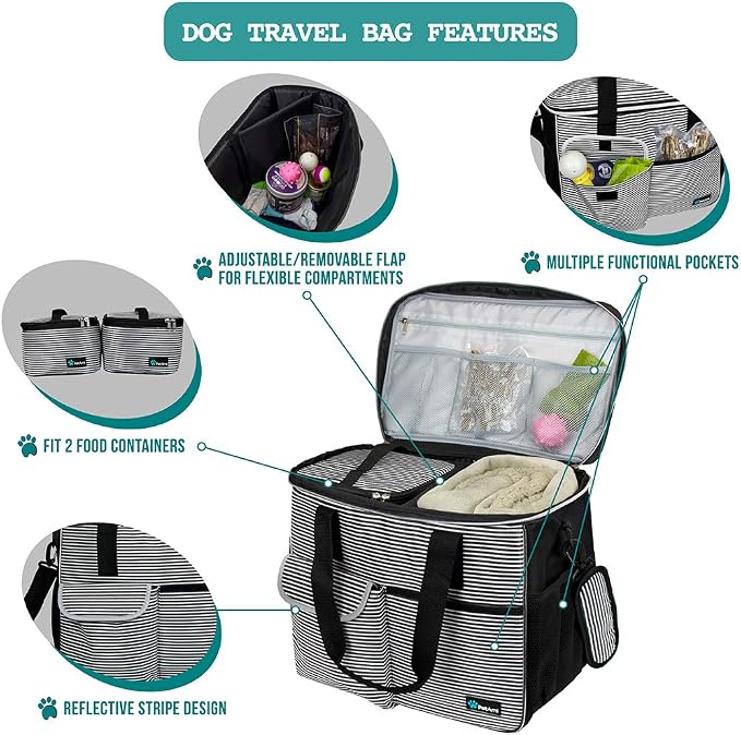 PetAmi Dog Travel Bag Organizer, Pet Supplies Tote, Stripe Black Large | Pet Travel Kit with 2 Food Containers & 2 Collapsible Dog Bowls, Luggage Sleeve, Weekend Getaway Road Trip Camping Essentials