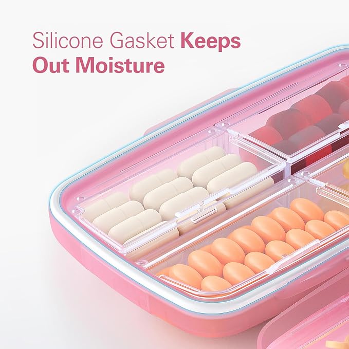 Barhon Large Pill Organizer with 8 Compartments, Large Pocket Pharmacy Travel Pill Box Moisture-Proof, Portable Vitamin Organizer for Fish Oil & Supplements (Pink)