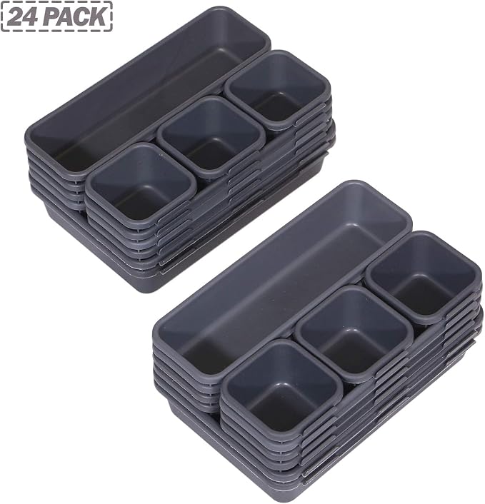Set of 24 Interlocking Desk Drawer Organizer Tray Dividers Plastic Shallow Narrow Drawers Organizers Separators Storage Bins Container for Kitchen Bathroom Makeup Office Vanity Bedroom Dresser