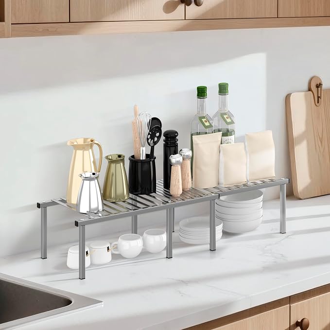 STORAGE MANIAC Expandable Cabinet Organizer Shelf, Set of 4, Gray | 15.8 inches Expandable, Stackable Wire Shelf, Spice Rack, Metal Pantry Storage for Plate Dish, Kitchen Counter Shelves