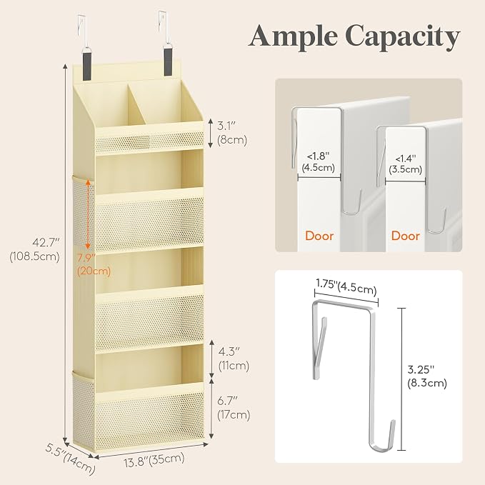 Lifewit 4 Tier Over the Door Organizer, Diaper Hanging Storage, Beige | Nursery Sturdy Large Heavy Duty Back of Door Shelf with 4 Mesh Side Pockets, for Baby Stuff Toy in Pantry, Laundry, Bathroom