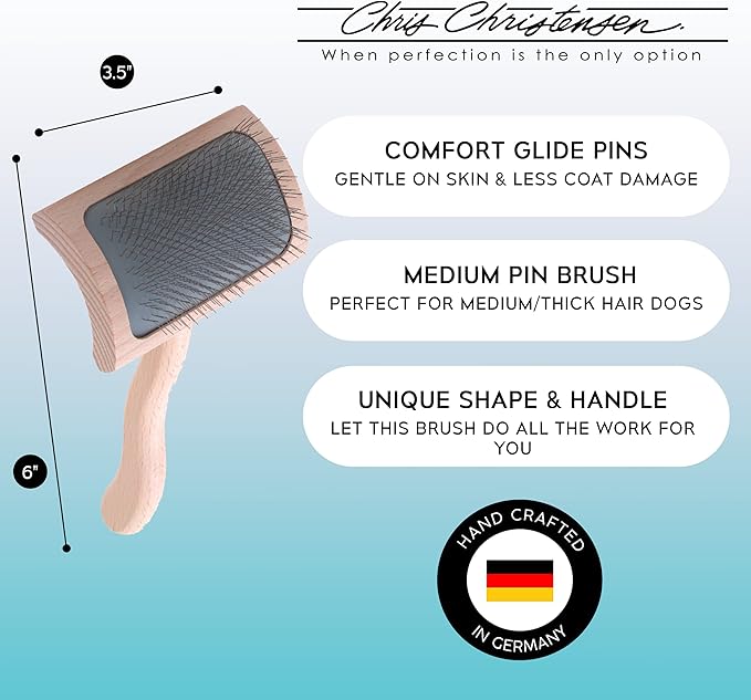 Chris Christensen Mark VI Curved Back Slicker Brush for Dogs, 12mm Pins, Groom Like a Pro, Handcrafted Lightweight Beechwood Ergonomic Handle, Stainless Steel Pins, A5VI, Medium. Made in Germany.