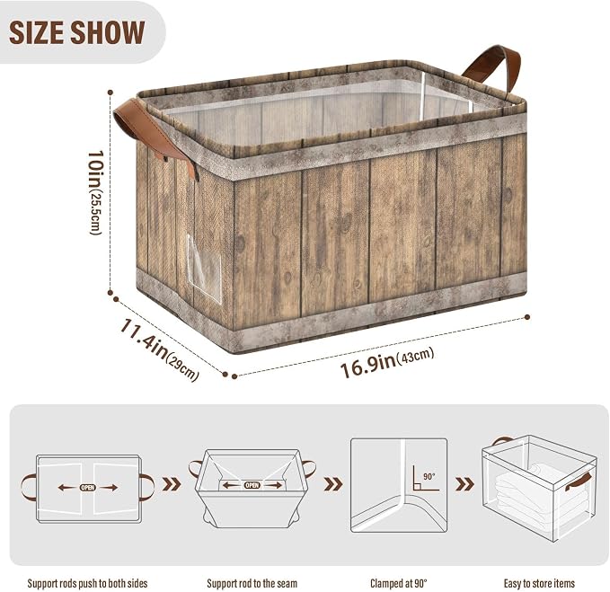 Rust Light Brown Wood Grain Storage Basket Foldable Cube Storage Bins with Handles&Label Collapsible Organizer Box Bin Large Rectangle Decorative Baskets for Shelves Home Living Room Closet