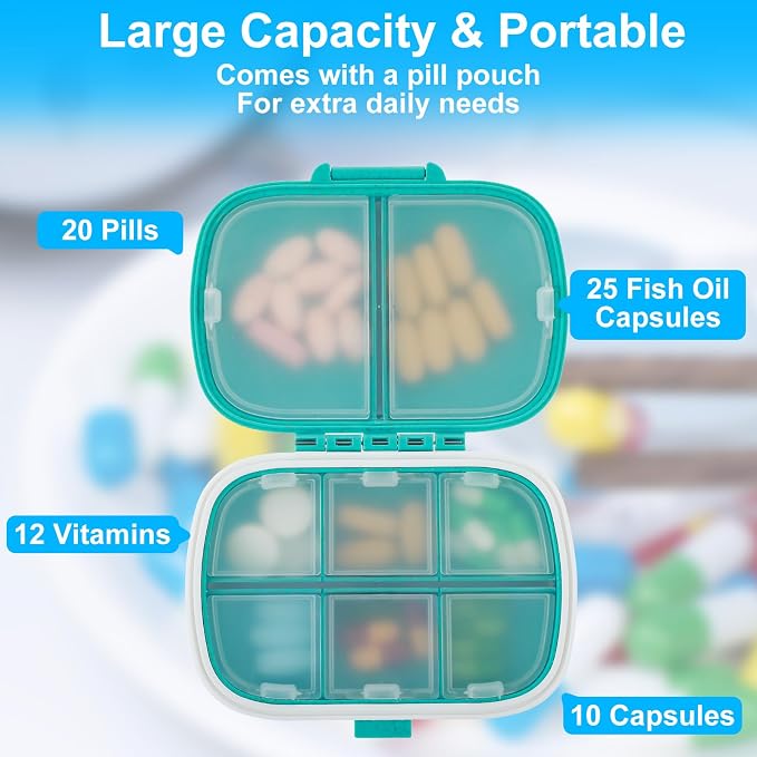 6 Pack Travel Pill Organizer 8 Compartments Portable Pill Case with Label Small Pill Container for Pocket Purse Medicine Storage Dispenser Waterproof Vitamin Holder Pill Supplement Case
