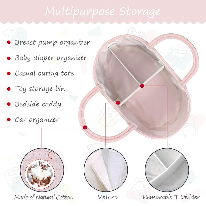 COMSE Baby Diaper Caddy Organizer for Girls, Cotton Rope, Light pink