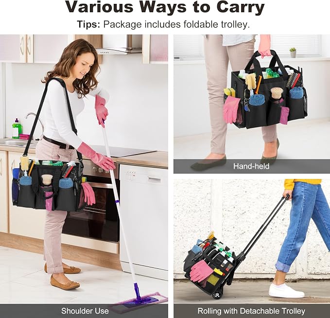 Housolution Rolling Cleaning Caddy Bag with Wheels, Black | Detachable Trolley, High Bearing & Waterproof, Multifunctional Using