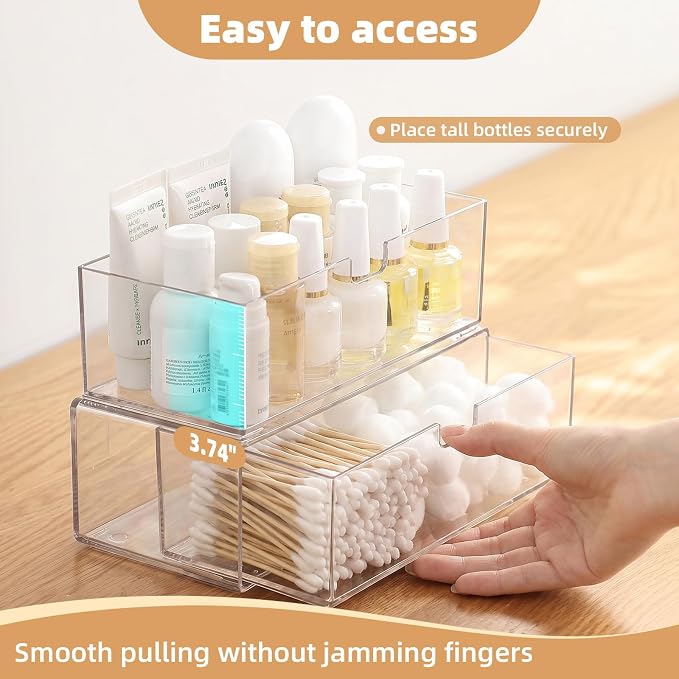 Stackable Medicine Cabinet Makeup Organizer for Bathroom, 2 Pack | Top-Opening and Drawer Design, Clear Access, Dustproof, Non-Slip & Place Stably, Holds Lipstick & Cotton Swab