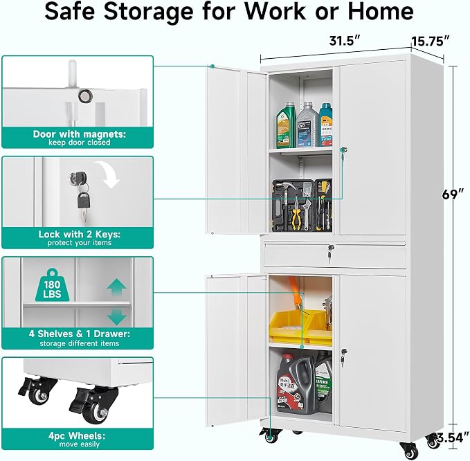 White Metal Storage Cabinet with Wheels and Drawer,Rolling Garage Cabinet with Locking Doors and Adjustable Shelves,73" Mobile Tall Large Metal Cabinets for Home,Office,Garage,Shop