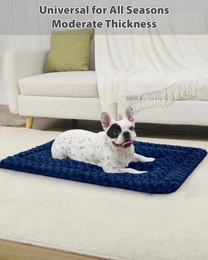 Exsnugy Washable Dog Bed Mat Large Size Fluffy Pet Crate Pad 42x28 XL | Non-Slip Bottom Kennel Beds Ultra Soft Comfy Sleeping Mattress for Large Medium Small Dogs Blue