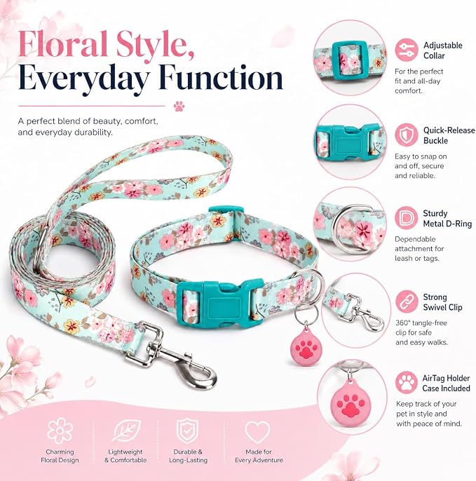 Floral Matching Dog Collar and Leash Set with AirTag Holder-Lily Daisy/S | Anti-Lost,Adjustable Durable Pet Collar Leash Combo for Small Boy Girl Dogs,for Outdoor Walking Hiking Training Running