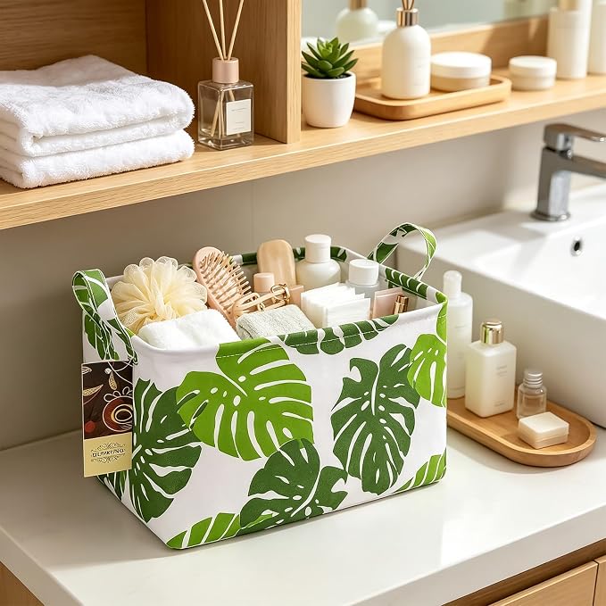 Rectangle Foldable Storage Basket Handles For Home, Leaf | Waterproof canvas material, reinforced handles, perfect for shelf use, organizes clothes, daily items and pet supplies