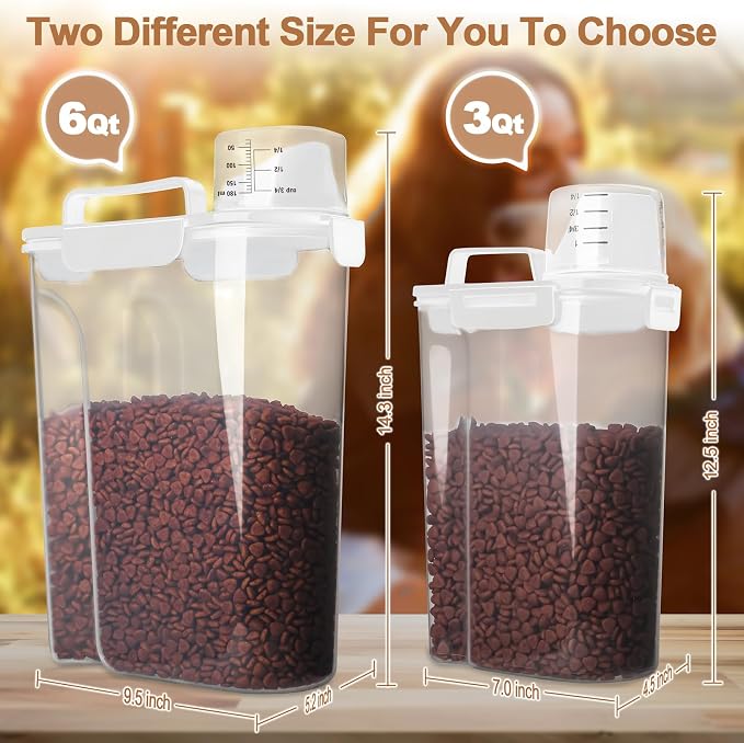 TIOVERY Dog Food Storage Container, 5-7 Lbs Airtight Pet Food Container, Cat food Container Dispenser with Portable Handle, Pouring Spout and Measuring Cup for Dogs Cats 2Pack White/6Qt