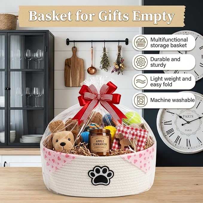 Woven Basket,Dog Toys Basket with Handle,Cute Cotton Gift Baskets Empty for Puppy Leash,Blanket Food, Accessories Pet and Household Storing