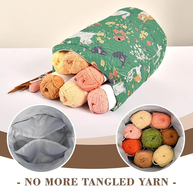 Tatenale Crochet Bag Yarn Bag Knitting Project Bag with Pockets and Handle Portable Yarn Storage Organizer Tangle Free 8.3x11 InchGreen Persian Cat and Hummingbird in Spring39