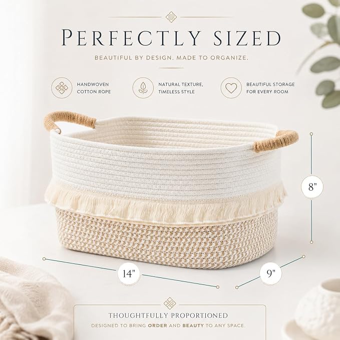Storage Basket, Woven Baskets for Shelves, White/Brown | 3 Pack Boho Cotton Rope Storage Baskets, 14" x 9" x 8", Home Organizer for Nursery, Holds Toys, Books & Towels