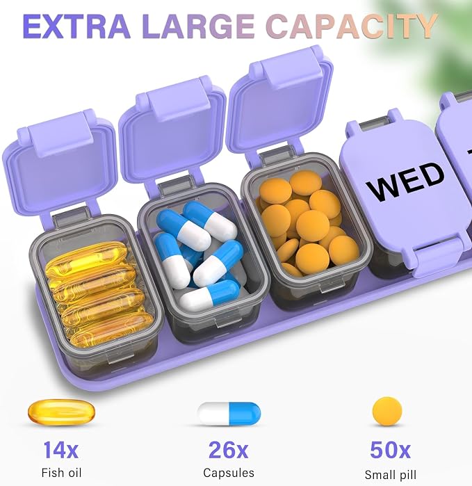 Extra Large Weekly Pill Organizer with 7 Detachable Compartments | XL Pill Organizer, Portable Medicine Pill Organizer for Supplements, Daily Pill Case for Home and Travel