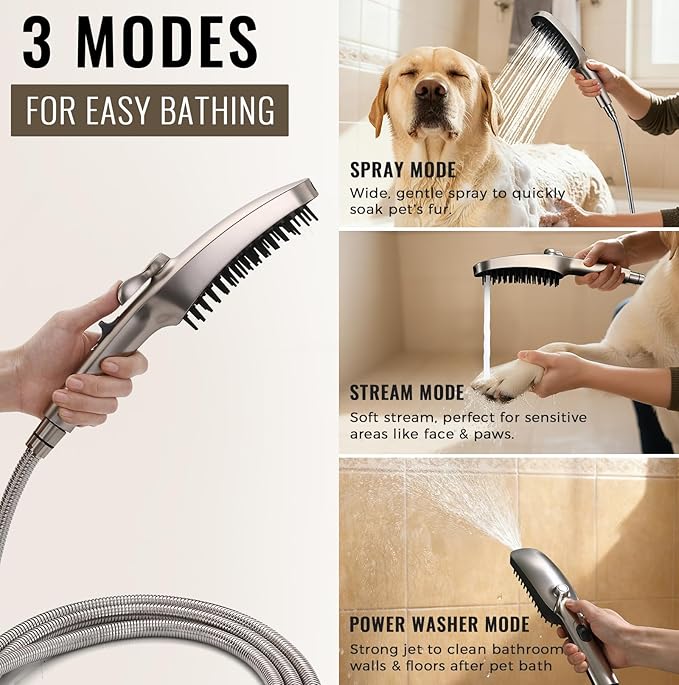 G-Promise 3 Mode Dog Shower Attachment with Pause Mode, Dog shower Sprayer with 159 Inches Stainless Steel Hose, Metal Diverter, Adhesive Holder, for Fast and Easy Dog Bathing and Cleaning