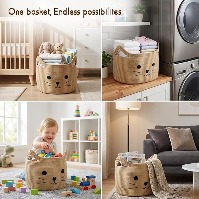 Storage Basket, Large 35L Woven Cotton Rope Baby Bin with Cat face, Cutout Handles, Foldable,Washable, Safe box for Pet's & Kid's toys, Stuffed Animals, Laundry Hamper (Cat - Jute)