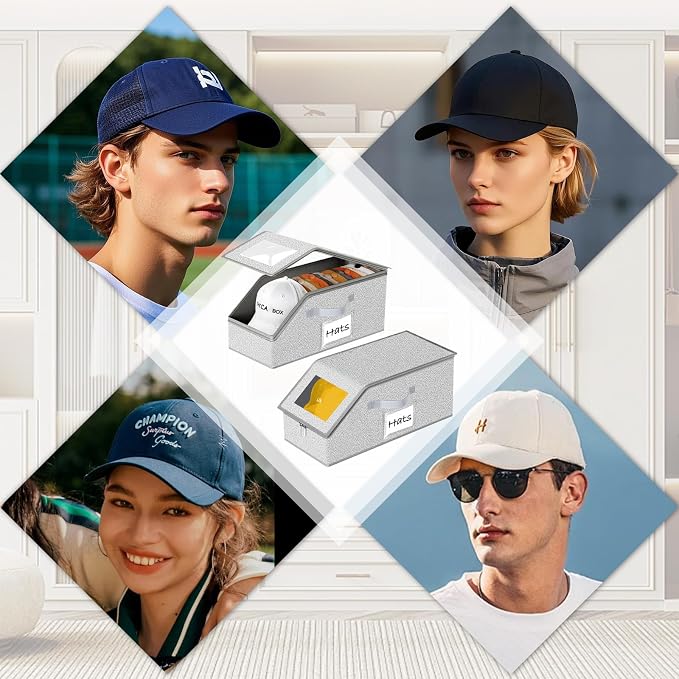 Hat Organizer for Baseball Caps 2PCS Stackable Storage with Clear Window Lid, Flip-Top Access, Space-Saving Hat Box for Closet, Breathable Fabric (Grey)